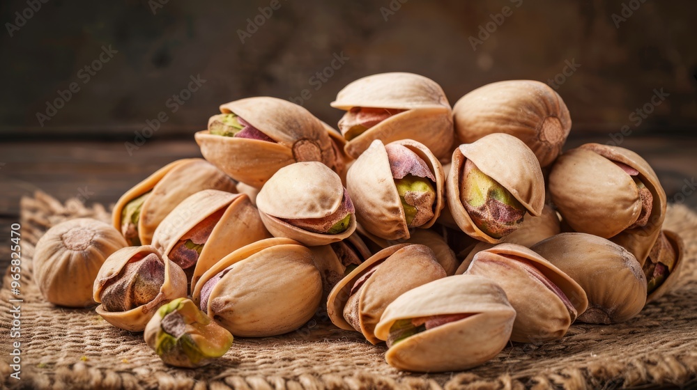Poster a pile of whole pistachio nuts in their shells, with some cracked open, arranged neatly on a rustic 