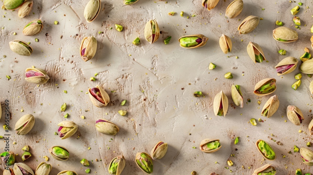 Poster a top-down view of pistachio nuts scattered across a light-colored surface, highlighting their natur