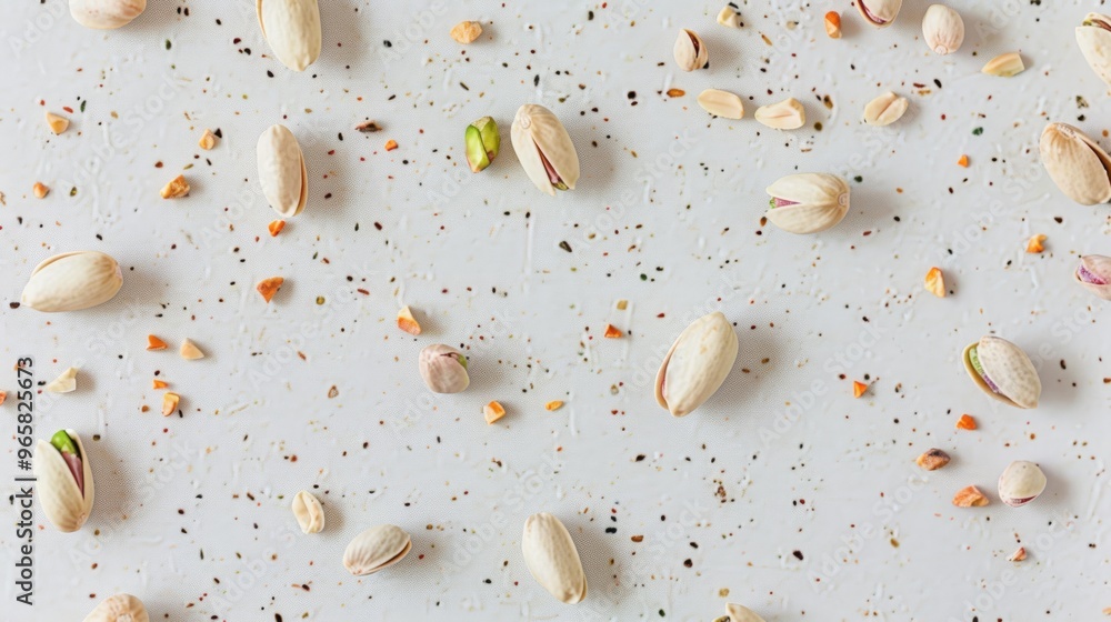 Poster a top-down view of pistachio nuts scattered across a light-colored surface, highlighting their natur