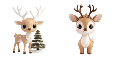 Adorable cartoon deer with big eyes, showcasing festive charm next to a decorated Christmas tree, perfect for holiday designs.