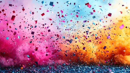 Colorful confetti and powder explosion during a vibrant celebration in a festive outdoor setting at sunset