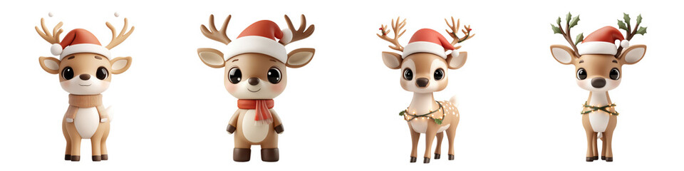 Adorable cartoon reindeer in festive attire, perfect for holiday decorations and seasonal themes.