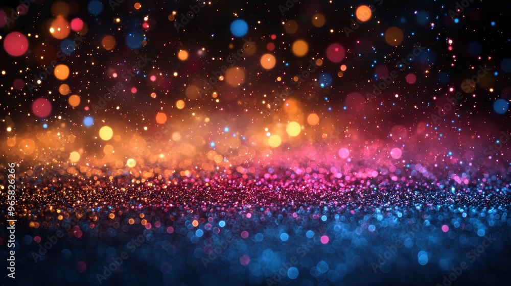 Poster vivid abstract background with colorful bokeh lights and sparkling particles in a gradient of blue, 