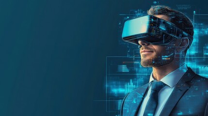 Businessman with virtual reality headset planning strategy in a digital environment, futuristic business concept