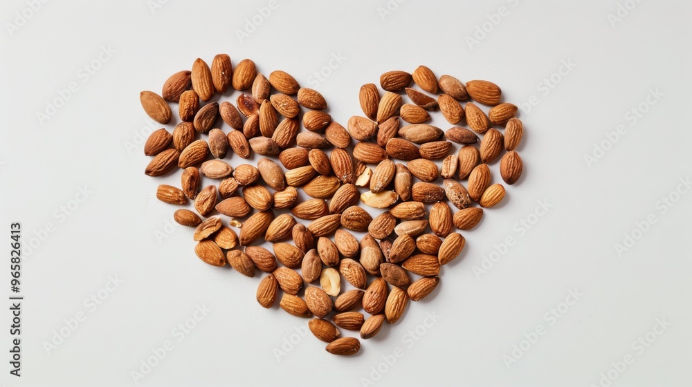 Poster almonds arranged in a heart shape on a white background