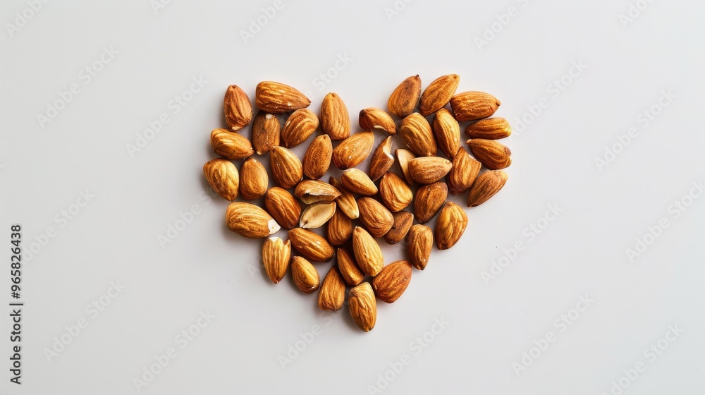 Poster almonds arranged in a heart shape on a white background