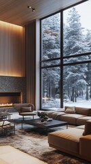 Modern living room with a fireplace, large windows, and a scenic view of a snowy forest outside.
