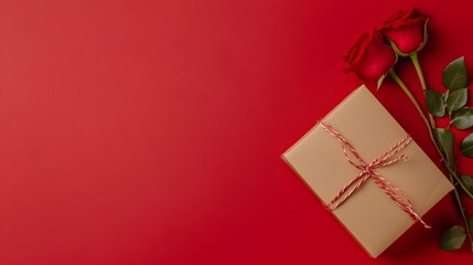 Elegant red rose bouquet and gift box with ribbon on red background