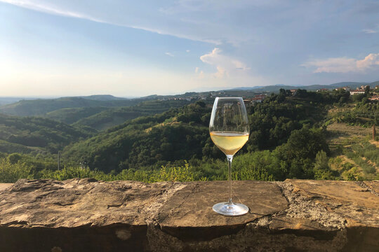 White Wine Culture in Western Slovenia. Beautiful Green Hills Landscape in Background during Summer. &Scaron;martno, Brda, Slovenia