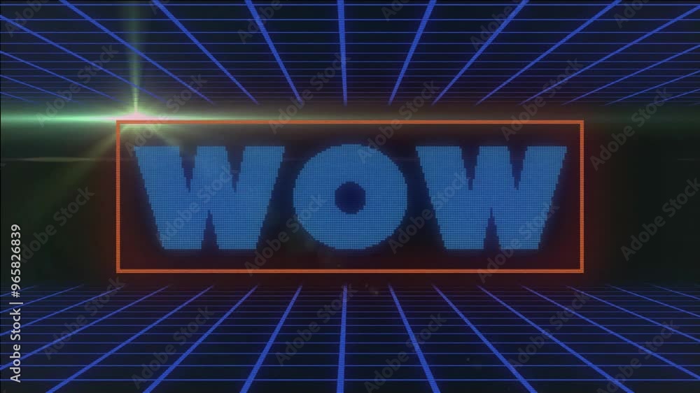 Poster Animation of wow text over light trails and lines on black background