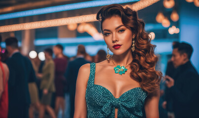 A woman in a sparkly blue dress stands out among the crowd at a formal event