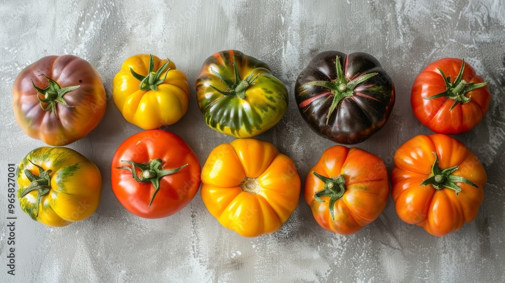 Poster an assortment of heirloom tomatoes with different colors and textures, laid out on a light grey back