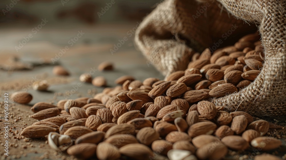 Poster almonds spilling out of a burlap sack onto a rustic surface