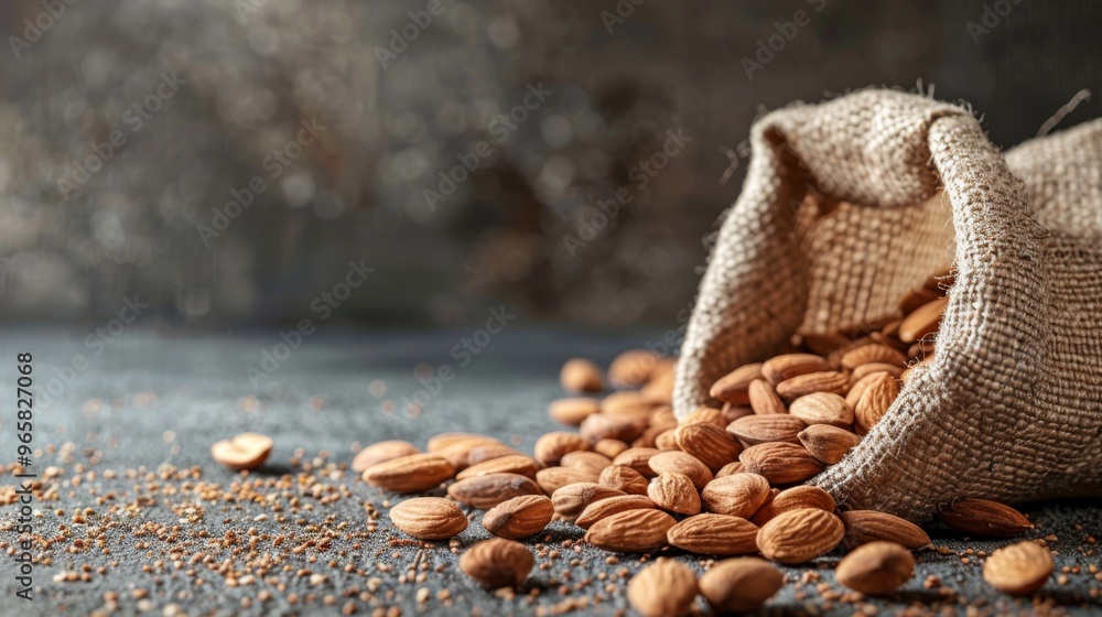 Aufkleber almonds spilling out of a burlap sack onto a rustic surface