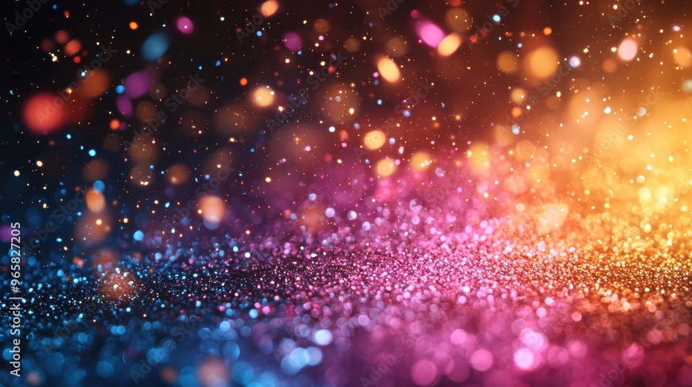 Poster colorful bokeh effects with shimmering particles in a vibrant gradient on a dark background creating