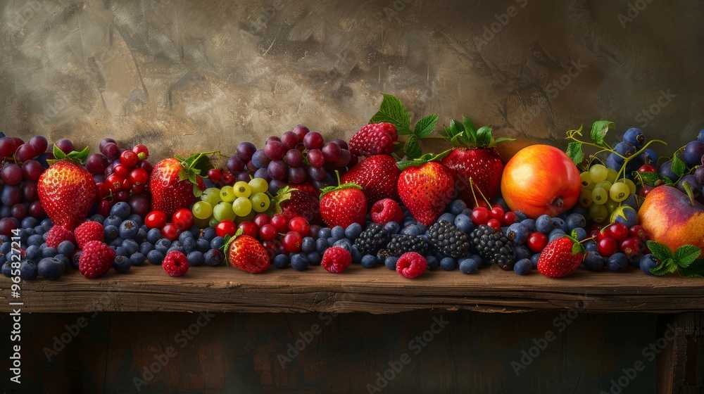 Poster a wide array of juicy, ripe berries arranged artfully on a wooden table, with the natural textures a