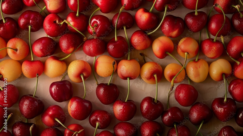 Poster An enticing background featuring cherries with varying degrees of ripeness, creating a visually appealing and colorful pattern