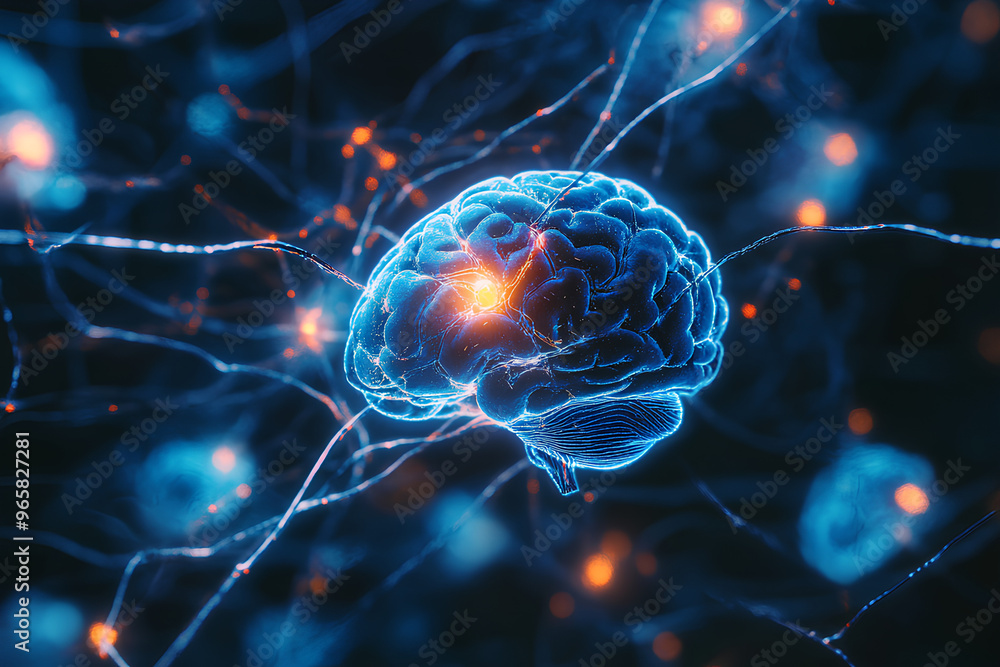 Poster a digital illustration of a glowing brain interconnected with neural pathways.