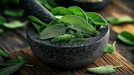 Close-up image of fresh sage leaves in a dark stone mortar on a wooden surface, with additional sage leaves scattered around, highlighting the texture and green color.