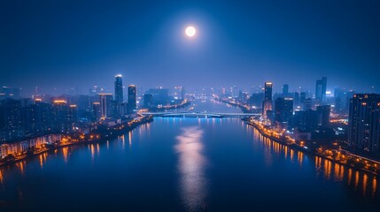 Fototapeta premium Enchanting Night Skyline of Modern Metropolis Reflecting in Calm River
