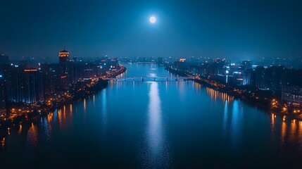 Fototapeta premium Captivating Nighttime Cityscape Reflected in Tranquil River with Illuminated Bridges and Skyscrapers