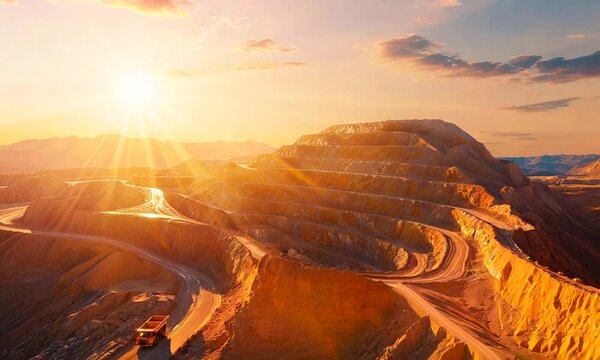 Aerial view of large mine, trucks and equipment, clear sky