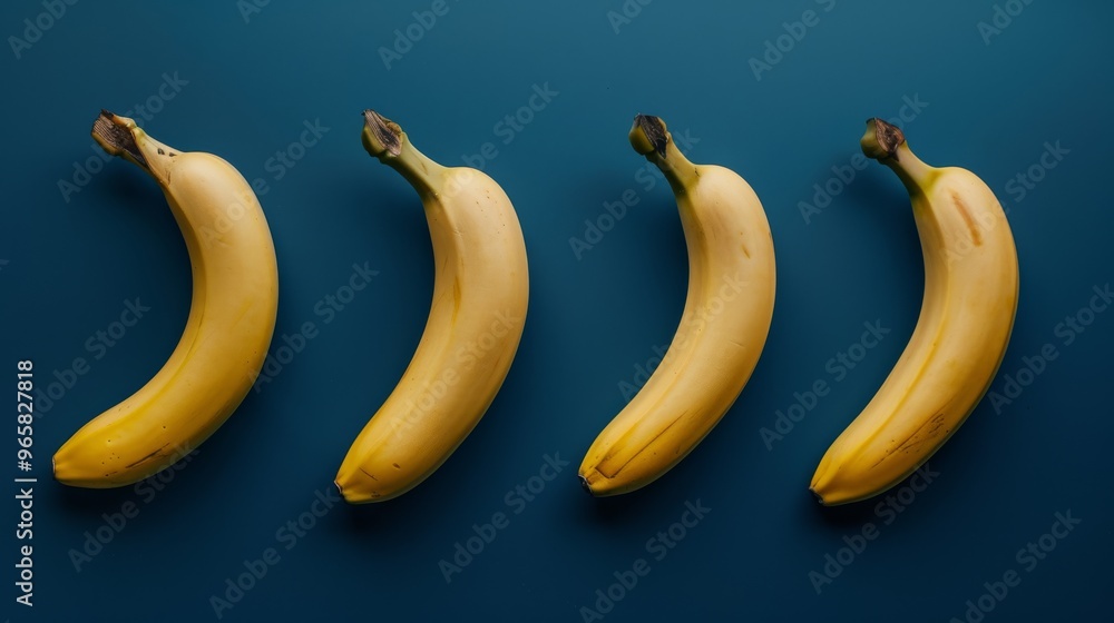 Poster bananas lying in a row on a dark blue background