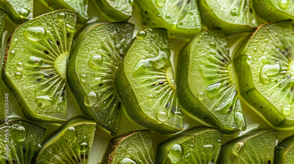 Poster bright green kiwi fruit pieces arranged in a pattern emphasizing texture