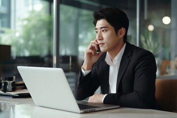 Fototapeta premium Asian young business man sales manager making phone call laptop computer talking.