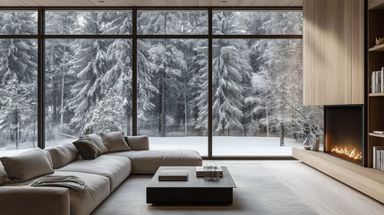 Obraz premium Elegant living room with large window showcasing a snowy forest, featuring a fireplace and comfortable, stylish furniture.