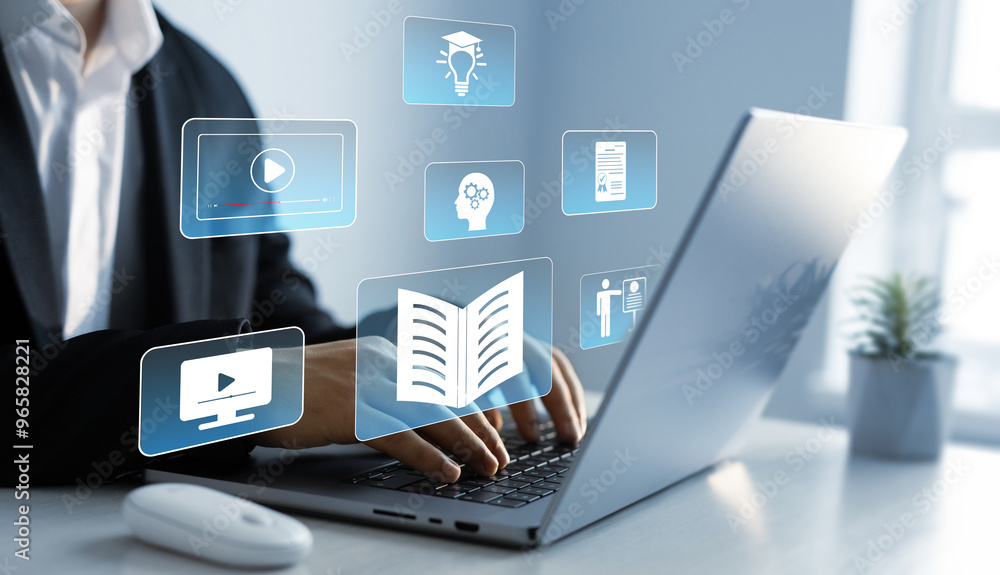 Wall mural digital internet lessons and online webinar on virtual screen.e-learning education.education interne