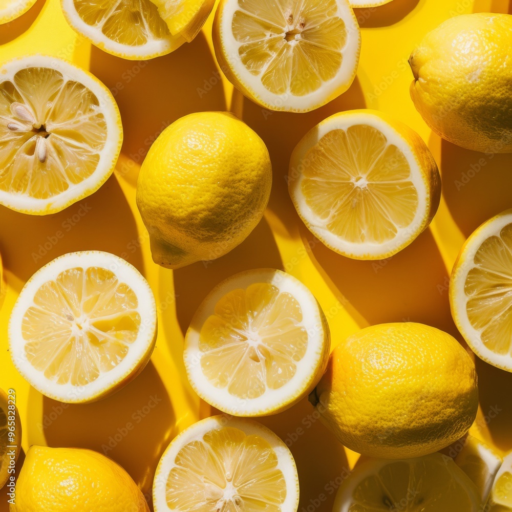 Poster bright lemon background featuring a scattered arrangement of whole lemons and lemon slices, with the