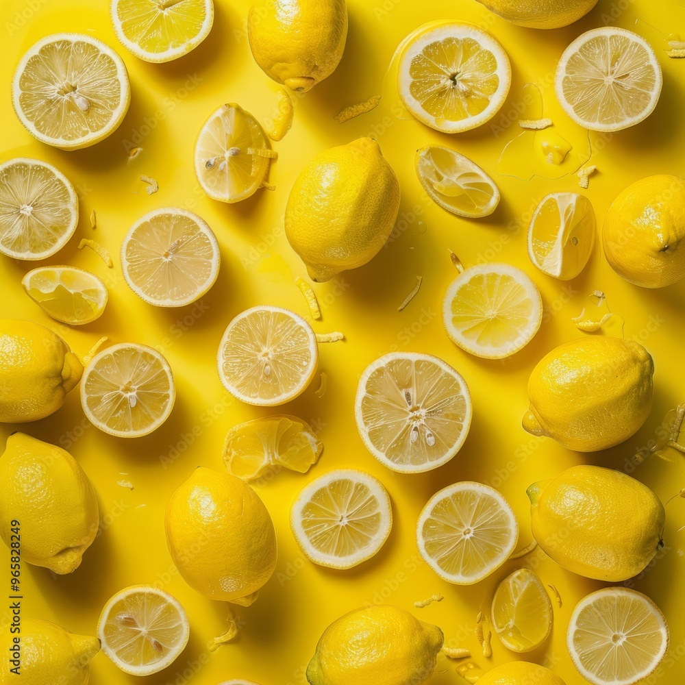 Poster bright lemon background featuring a scattered arrangement of whole lemons and lemon slices, with the