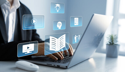 Digital internet lessons and online webinar on virtual screen.E-learning education.Education...