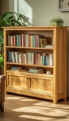 Fototapeta premium Wooden Bookcase with Books and Plants, a Cozy Living Room Interior Design for Book Lovers