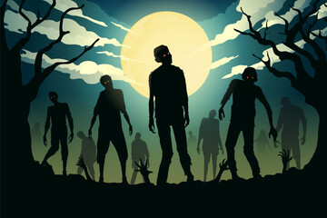 Fototapeta premium Zombie crowd resurrected and walking in the graveyard have a dead trees and hand out of the ground. Illustration about Halloween theme green background.