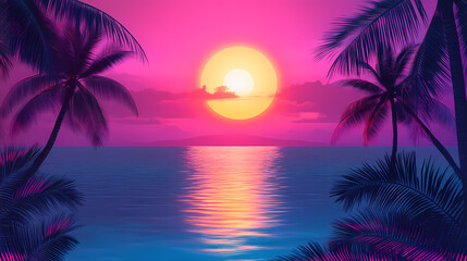 Obraz premium Retroinspired neon tropical background stylized palm trees and sun at sunset vibrant illustration. Vaporwave. Illustration