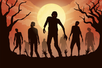 Fototapeta premium Zombie crowd walking in the graveyard have a dead trees and hand out of grave. Illustration about Halloween theme background and Science Fiction.