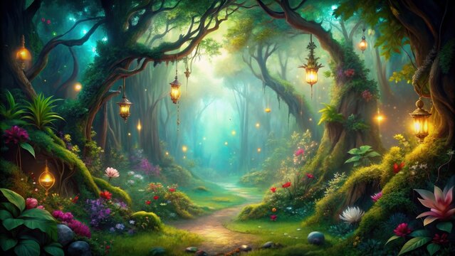 Enchanted forest filled with mystical creatures and glowing plants, fantasy, realm, magic, mystical, creatures, enchanted