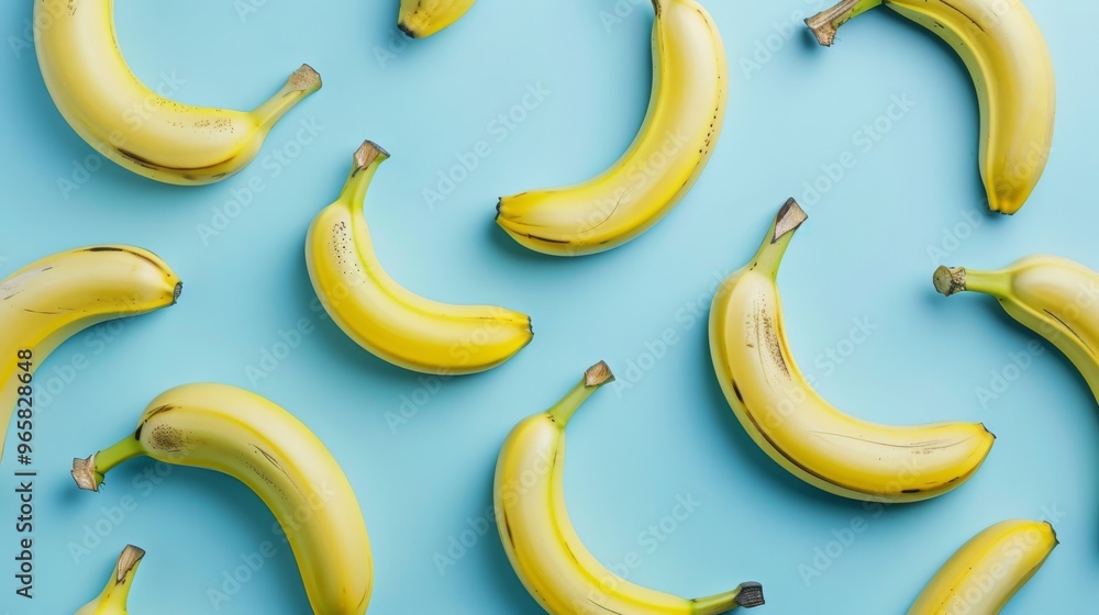 Wall mural bright yellow bananas scattered on a light blue background