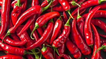 Bright red chili peppers with vibrant green stems, arranged in a neat pile