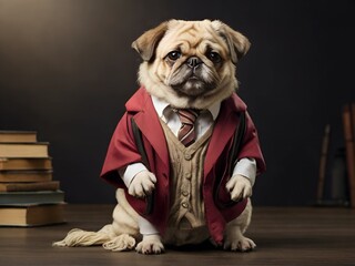 Mops dog dressed as professor teacher, AI generated