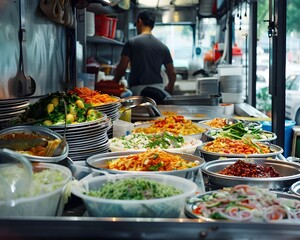 Obraz premium Bustling Mobile Kitchen with Piled Dishes and Vibrant Street Food Ingredients