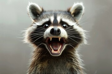 Fototapeta premium Close-up of a Happy Raccoon with Open Mouth and Glowing Eyes in Natural Light