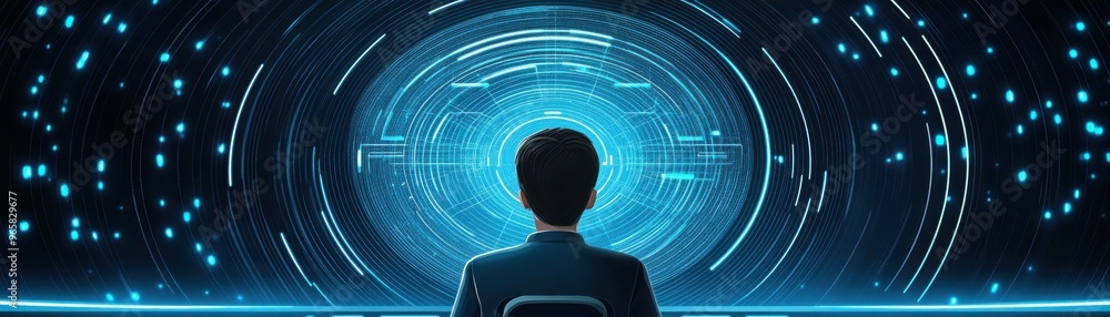 Poster silhouette of a person sitting in front of a futuristic digital interface with glowing blue circles 