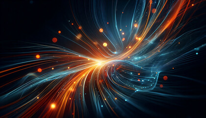 Abstract dynamic flowing lines in vibrant orange blue hues composition evokes a feeling of motion and light suggesting a digital or futuristic theme against a dark background