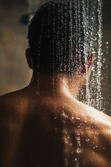 Young Man Enjoying Shower, Rear View Portrait, Fresh and Clean