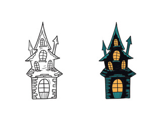 Naklejka premium Hand drawn vector creepy haunted house castle with ghosts, with yellow window light and turquoise elements. Sketch illustration in doodle engraved vintage line art style. Happy Halloween coloring book