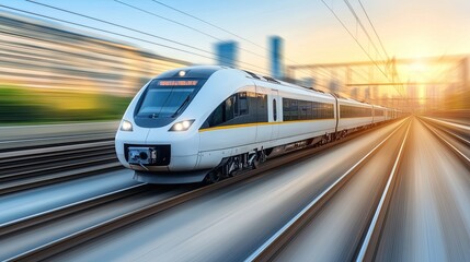 Fototapeta premium An ultra-luxury maglev train speeds along an elevated track against a vibrant sunset, surrounded by skyscrapers and lush green vegetation in the valley below