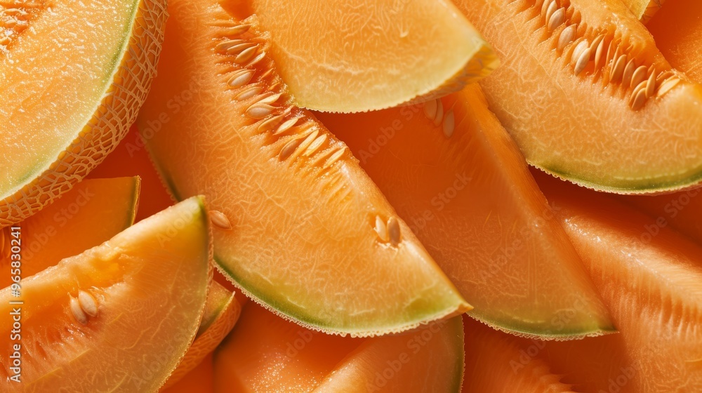 Poster detailed view of cantaloupe slices with visible seeds and texture, placed on a neutral background to